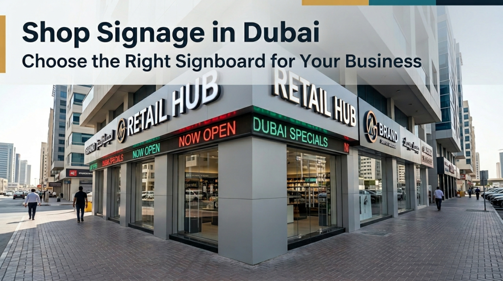 Shop signage in Dubai with illuminated 3D letters and LED signboard by Al Reza Advertising