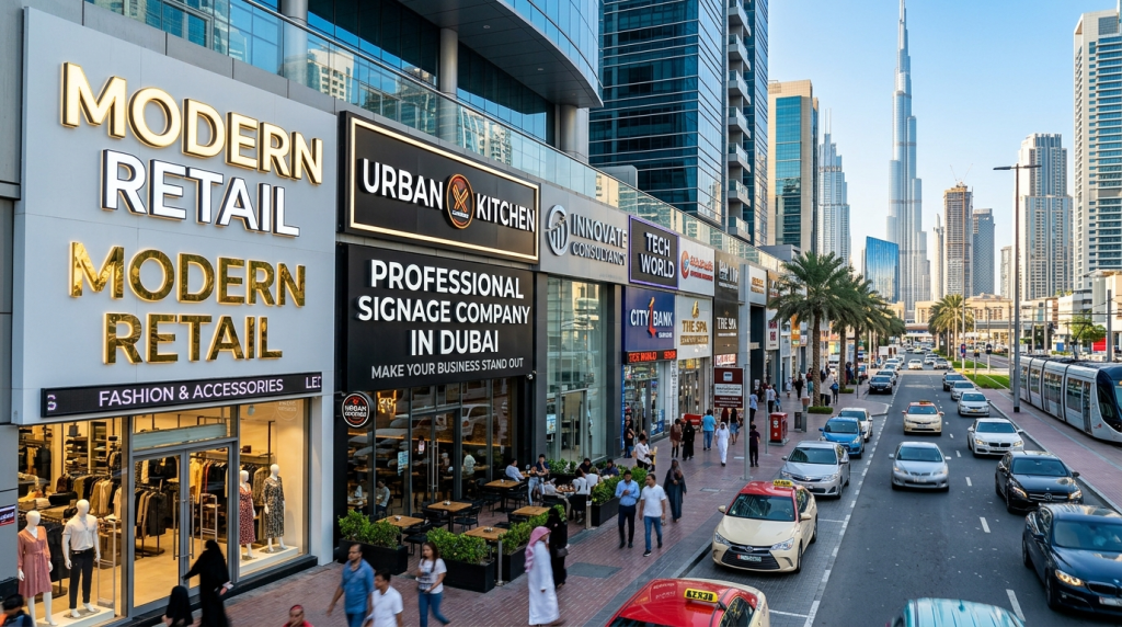 Professional business signage in Dubai with illuminated 3D letters and LED signboard