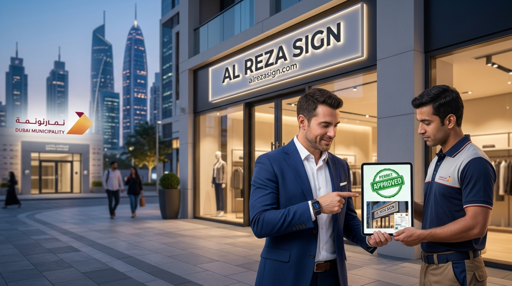 Professional consultant showing an approved Dubai Municipality signage permit for a shop signboard installation.