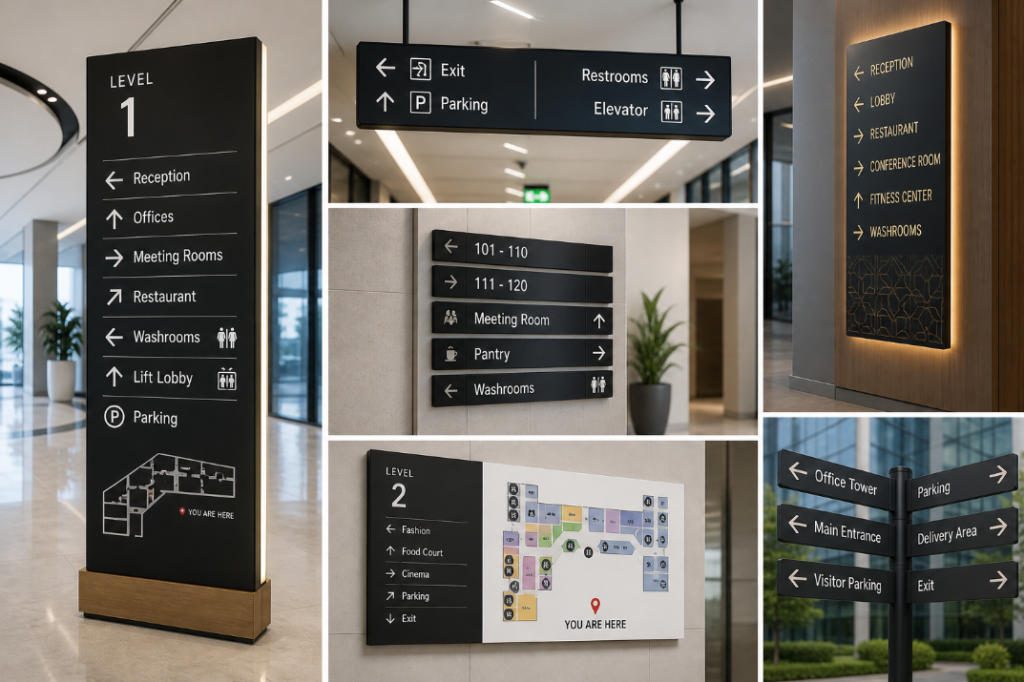 Wayfinding signage Dubai for mall navigation Directional signage Dubai in commercial building Indoor wayfinding signage system UAE Custom wayfinding signage Dubai office Navigation signage system in Dubai mall