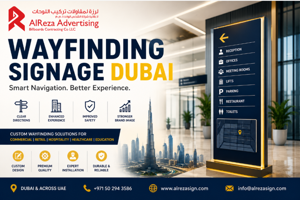 Wayfinding Signage Dubai by Al Reza Advertising featuring custom directional signs, directory signage, navigation systems, design, fabrication and installation across UAE.